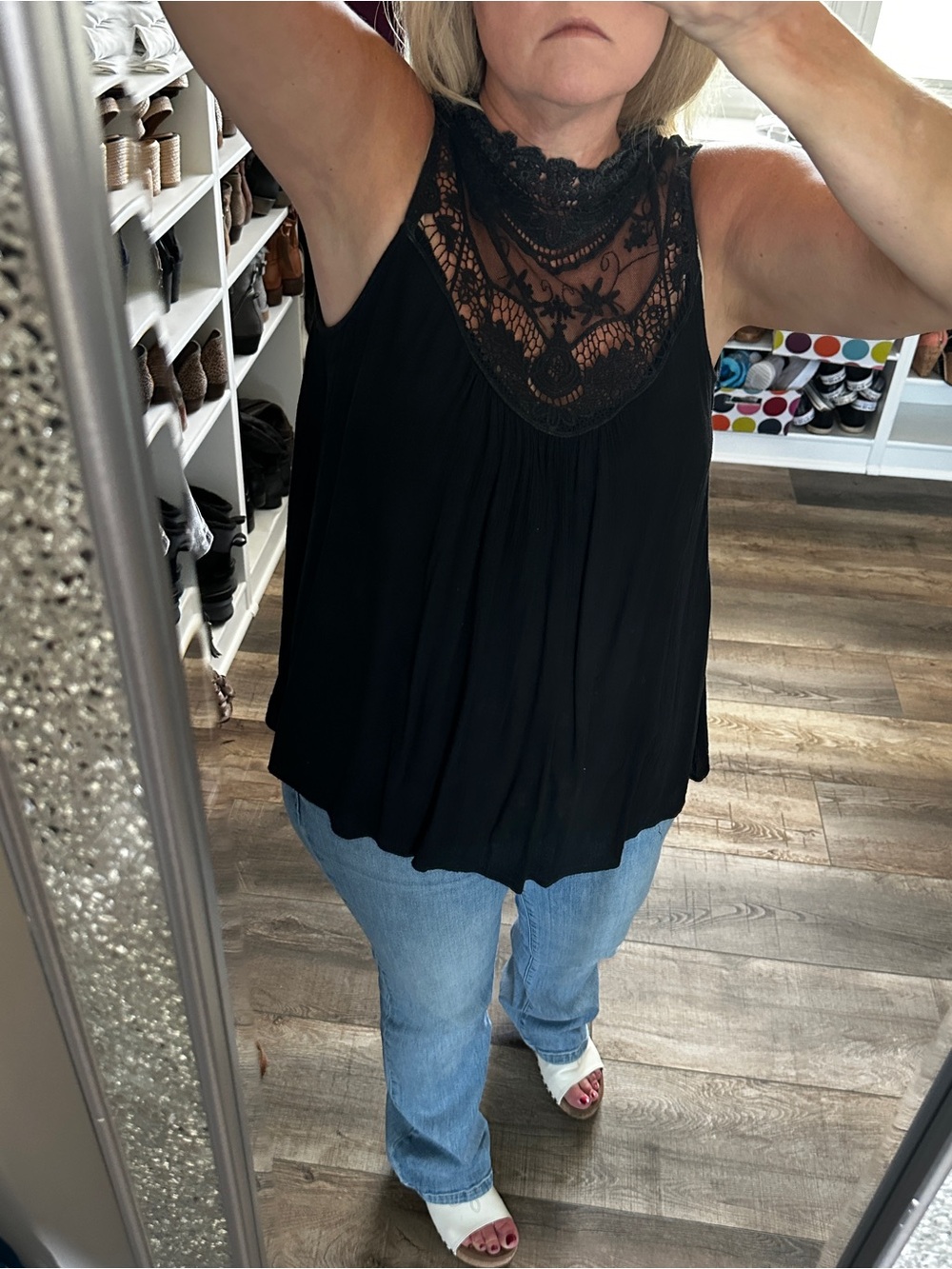 Sleeveless Lace Yoke Tank Top - Black
